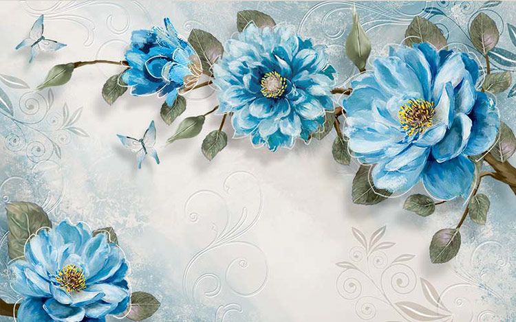 پوستر دیواری پروانه و گلهای آبی