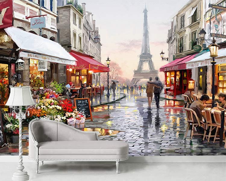پوستر کاغذ دیواری سبک رنگ و روغن  پاریس عاشقانه