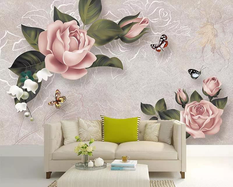 پوستر دیواری رز گلهای صورتی و پروانه
