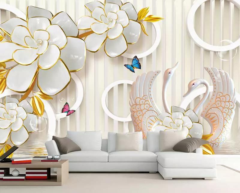 پوستر دیواری سه بعدی گلهای طلایی و قو