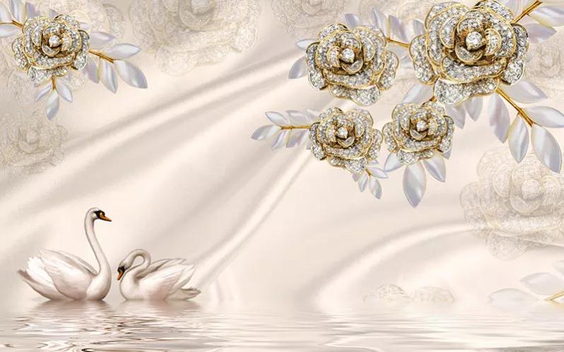 پوستر دیواری سه بعدی گلهای الماسی و قو