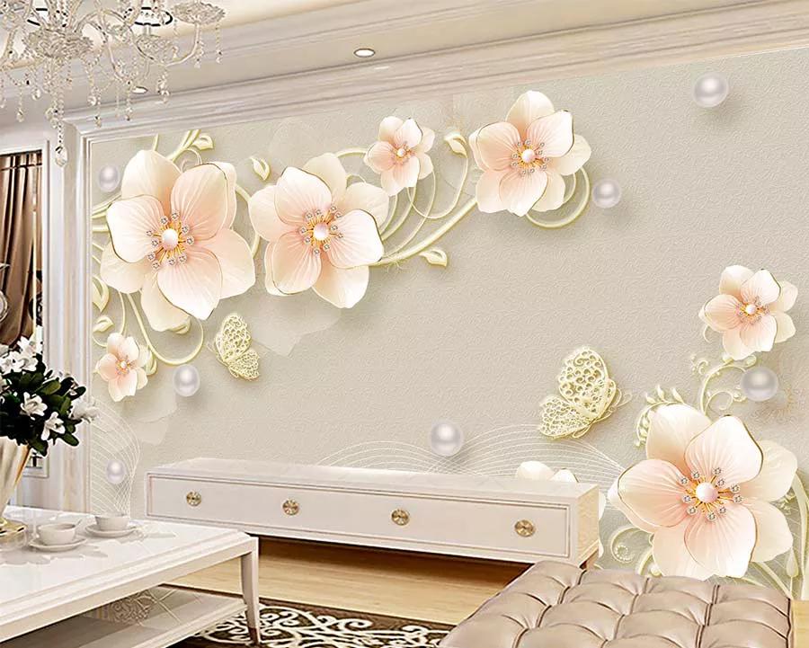 کاغذ دیواری  سه بعدی گلهای گلبهی و پروانه