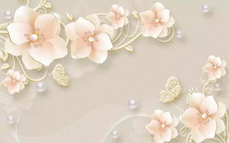 کاغذ دیواری  سه بعدی گلهای گلبهی و پروانه