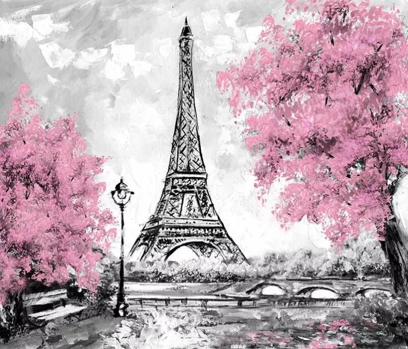 پوستر دیواری پاریس و شکوفه های صورتی