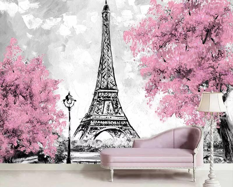 پوستر دیواری پاریس و شکوفه های صورتی