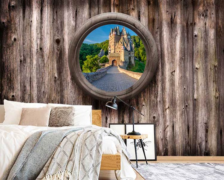 پوستر دیواری طرح چوب و پنجره ای رو به قلعه