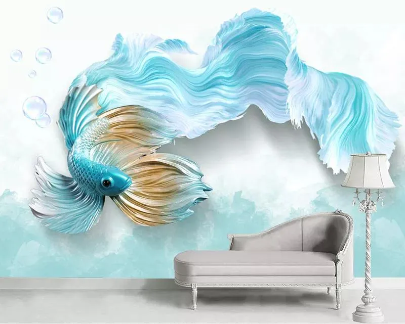 کاغذ دیواری سه بعدی طرح ماهی آبی