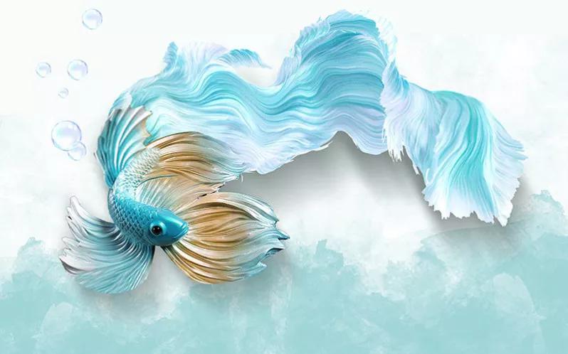کاغذ دیواری سه بعدی طرح ماهی آبی