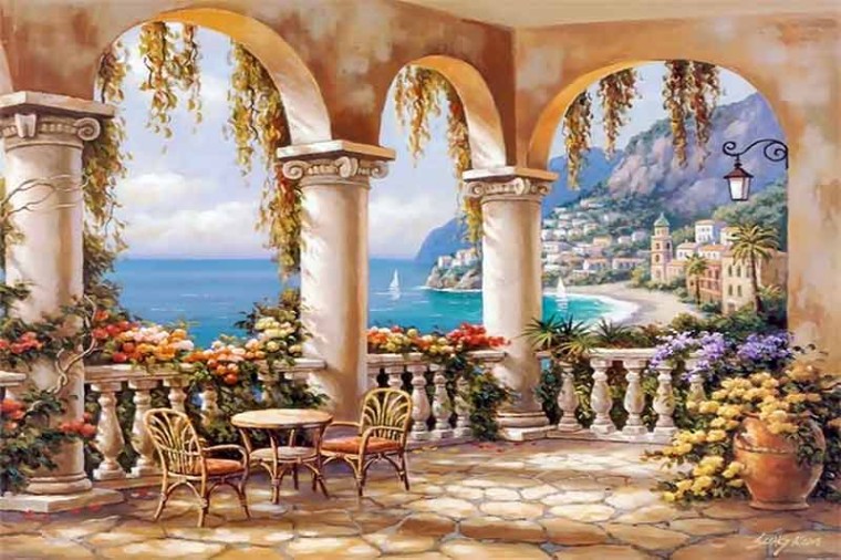 کاغذ دیواری سه بعدی طرح نقاشی منظره و تراس
