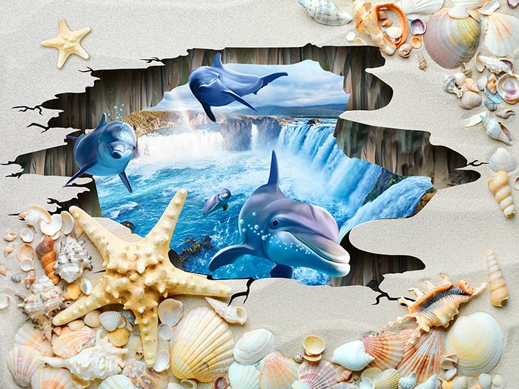 کاغذ دیواری سه بعدی منظره دریا طرح ساحل صدفی و دلفین ها
