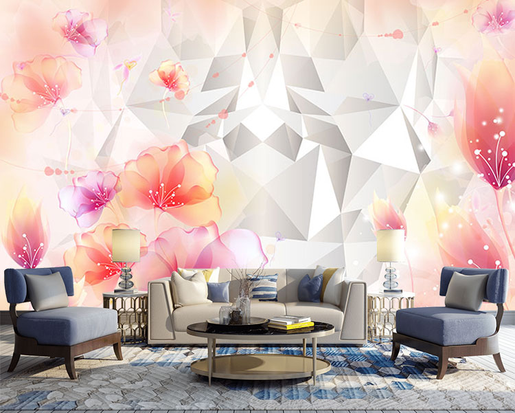 کاغذ دیواری سه بعدی هندسی با طراحی گلهای رنگی