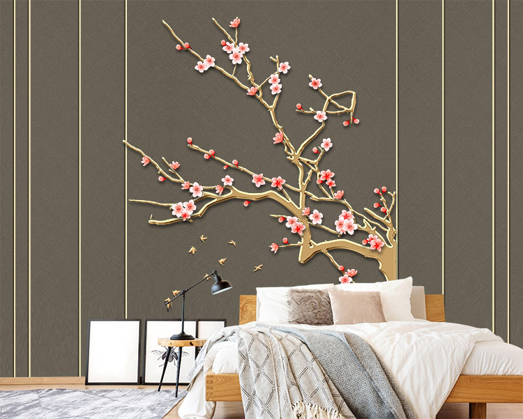پوستر سه بعدی طرح گل صورتی و درخت طلایی