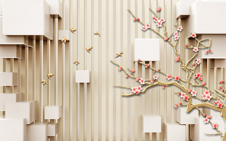 کاغذ دیواری سه بعدی گلها و پرندگان طلایی 