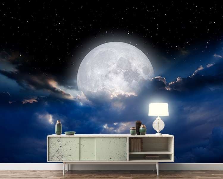 پوستر سه بعدی کهکشان طرح آسمان شب با ماه در ابرها