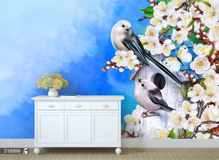 پوستر دیواری پرندگان و گلهای سفید