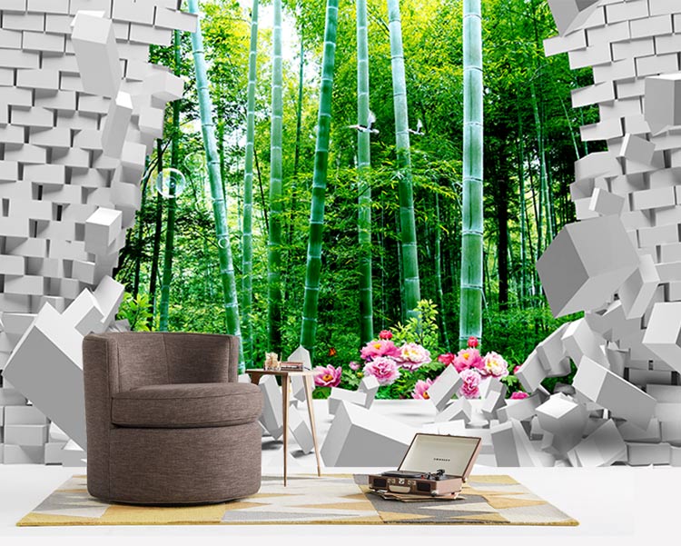 پوستر سه بعدی منظره طرحی از جنگل درختان بامبو و گلهای بهاری 