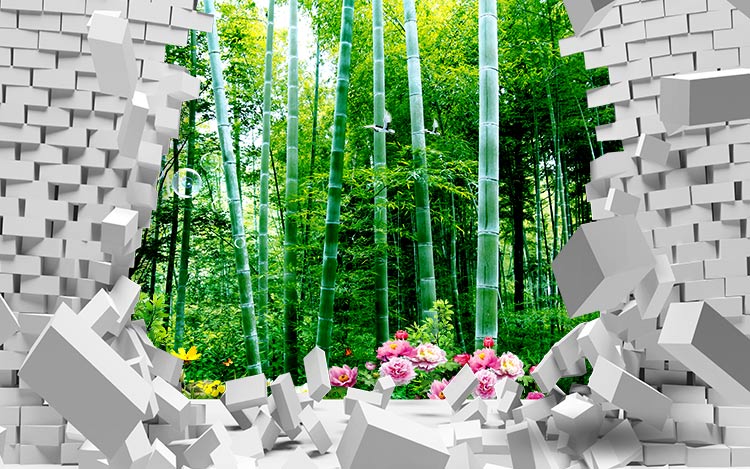 پوستر سه بعدی منظره طرحی از جنگل درختان بامبو و گلهای بهاری 