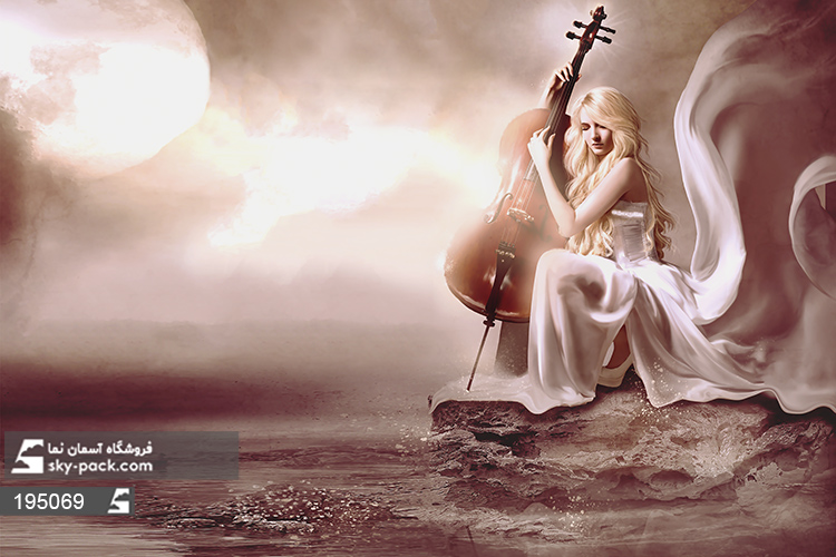 تابلو کنواس طرح فرشته و چنگ
